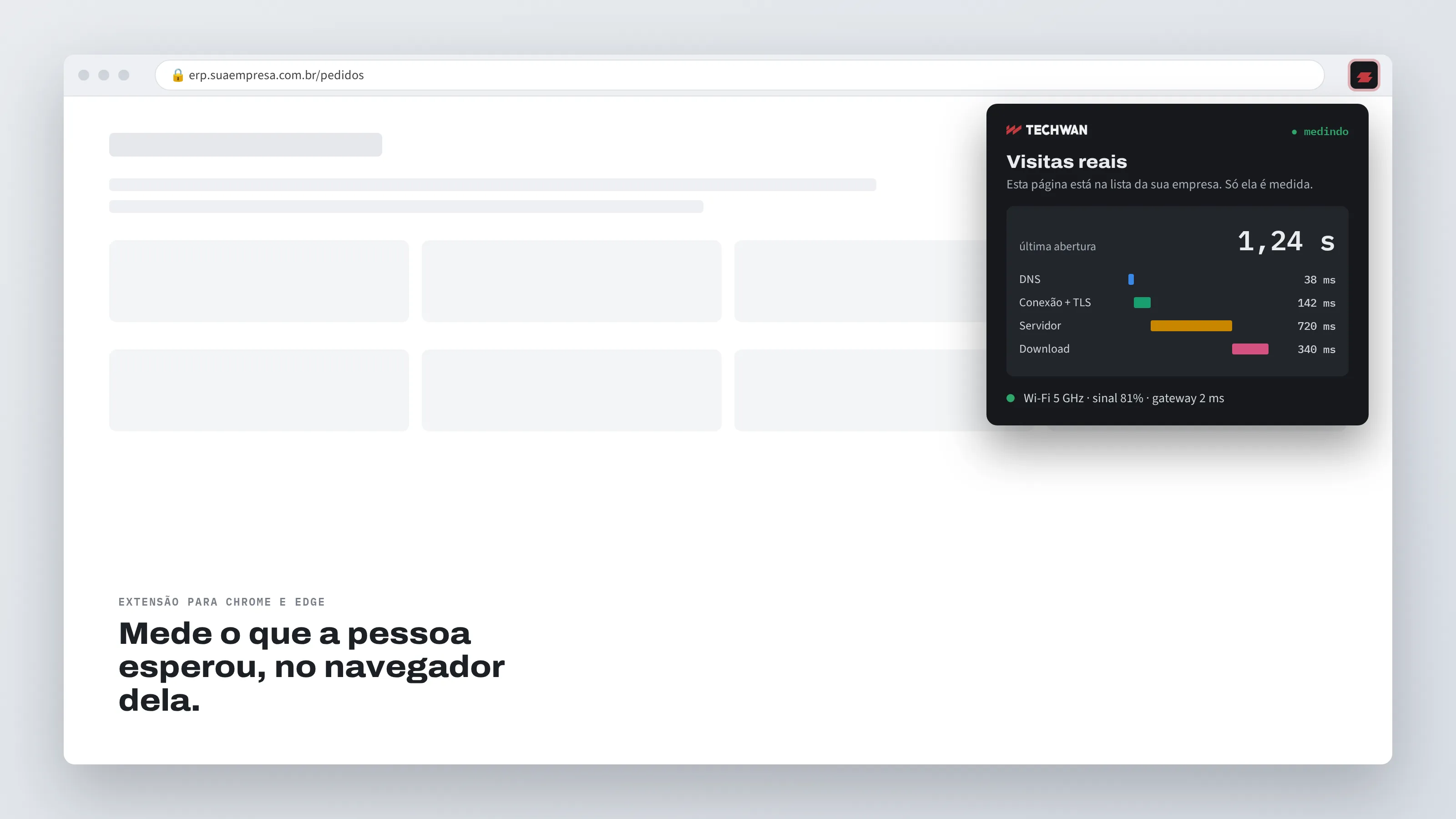 Janela da extensão NetMonitor no navegador mostrando o tempo de abertura de uma página.